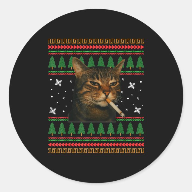 Adesivo Redondo Funny Smoking Cat Meme Christmas Ugly Sweater Cat  (Frente)