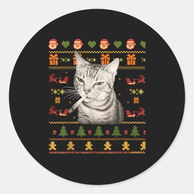 Adesivo Redondo Funny Smoking Cat Meme Christmas Ugly Sweaters For (Frente)
