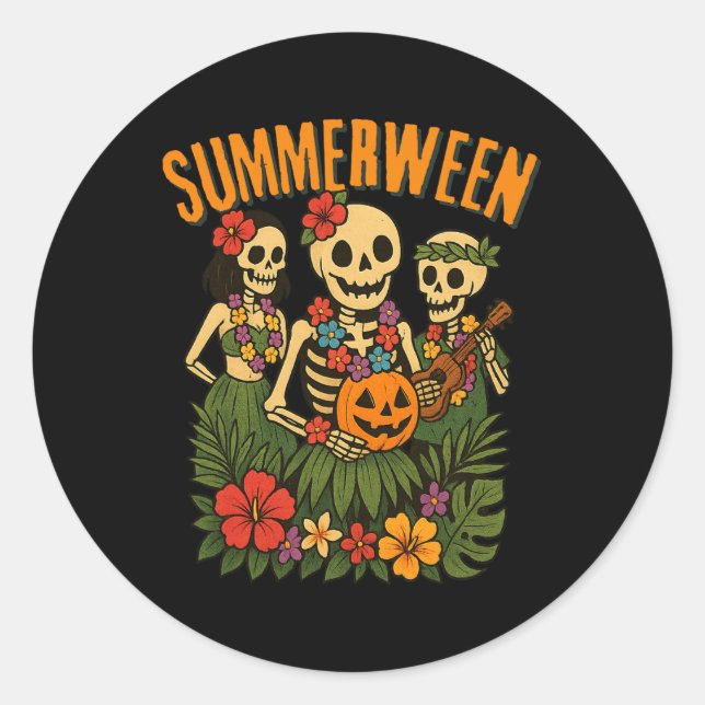 Adesivo Redondo Funny Summerween Skeletons Luau Party Halloween Be (Frente)