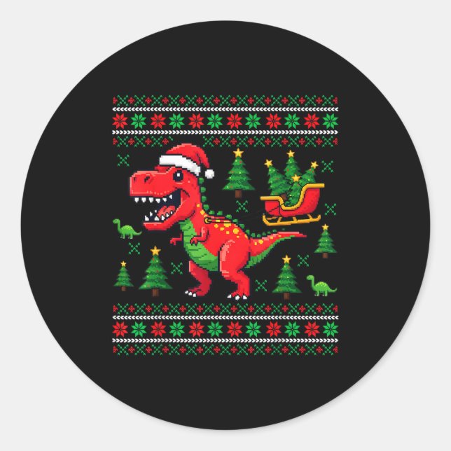 Adesivo Redondo Funny T-rex Dinosaur Ugly Christmas Pajama Xmas  (Frente)