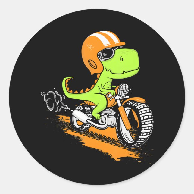 Adesivo Redondo Funny T-Rex Dinossaur Dirigindo Moto Dino Biker (Frente)