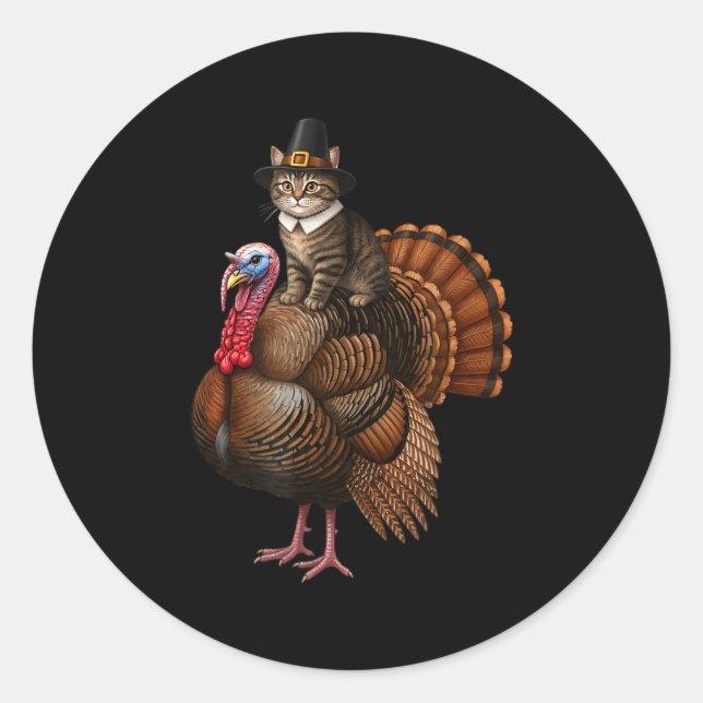 Adesivo Redondo Funny Thanksgiving Cat On Turkey, Lgrim Hat Turkey (Frente)