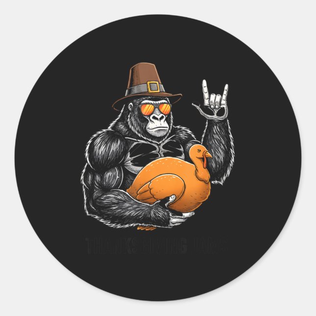 Adesivo Redondo Funny Thanksgiving Gorilla Holding Turkey Lgrim Ha (Frente)