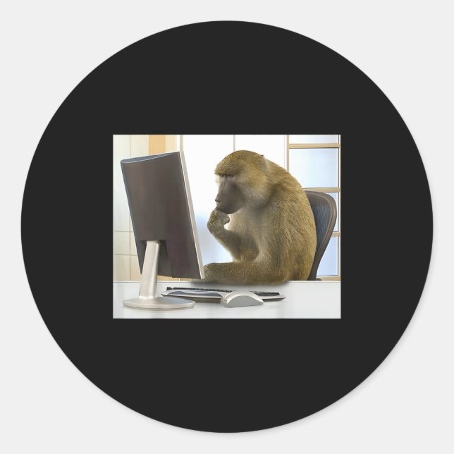 Adesivo Redondo Funny Thinking Monkey Meme Office Curious Ape Brai (Frente)