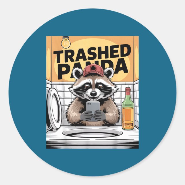 Adesivo Redondo Funny Trashed Panda Raccoon Gets Drunk  (Frente)