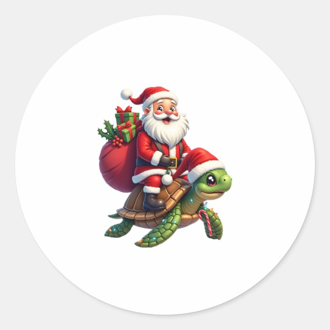 Adesivo Redondo Funny Turtle Christmas Santa Riding Sea Turtle Xma (Frente)