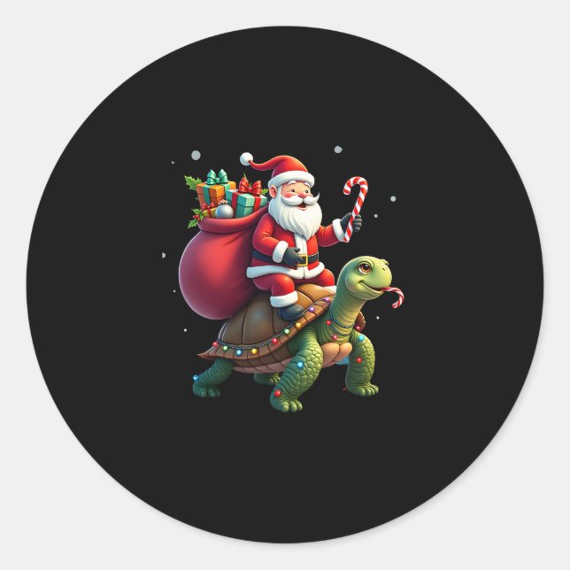 Adesivo Redondo Funny Turtle Christmas Santa Riding Sea Turtle Xma (Frente)