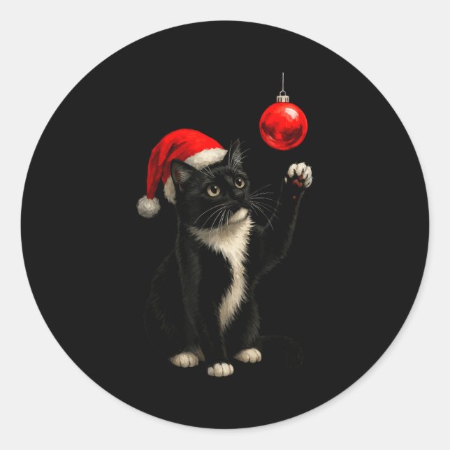 Adesivo Redondo Funny Tuxedo Bauble Cat Santa Hat Red Xmas Christm (Frente)