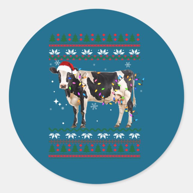 Adesivo Redondo Funny Ugly Xmas Sweater Dairy Cow Farmer Lights Ch (Frente)