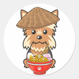 Adesivo Redondo Funny yorkshire terrier está comendo macarrão