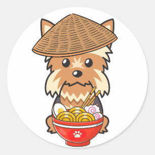 Adesivo Redondo Funny yorkshire terrier está comendo macarrão