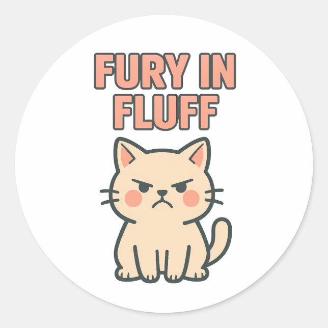 Adesivo Redondo Fury in Fluff Cute Angry Grumpy Cat Cartoon (Frente)