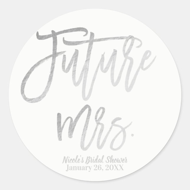 Adesivo Redondo Futura Sra. Faux Silver Foil Modern Script Favor (Frente)