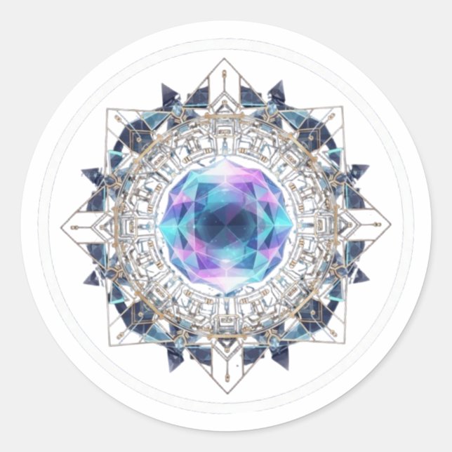 Adesivo Redondo Futuristic Crystal Mandala – Geometric Tech Art (Frente)