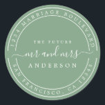 Adesivo Redondo Futuro Chic Sr Sra  Endereço de Retorno de Casamen<br><div class="desc">Chique, moderno e simples adesivo redondo clássico de endereço de devolução de casamento com o texto o futuro Sr e Sra em caligrafia de letra manuscrita branca elegante em um fundo verde mineral. Basta adicionar o seu nome e endereço. Exclusivamente desenhado para si pelo Happy Dolphin Studio. Se precisar de...</div>