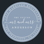 Adesivo Redondo Futuro Chic Sr Sra Endereço de Retorno de Casament<br><div class="desc">Chique, moderno e simples rótulo redondo clássico de endereço de devolução de casamento com o texto o futuro Sr e Sra em caligrafia manuscrita elegante branca sobre um fundo azul vintage. Basta adicionar seu nome e endereço. Exclusivamente projetado para você pelo Happy Dolphin Studio. Se precisar de ajuda ou de...</div>