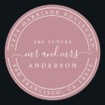 Adesivo Redondo Futuro Sr e Sra Endereço de Devolução Rose Poeiren<br><div class="desc">Chic, moderno e simples adesivo redondo clássico de endereço de devolução de casamento com o texto o futuro Sr e Sra em elegante letra cursiva preto-desbotado em um fundo rose poeirento. Basta adicionar seu nome e endereço. Exclusivamente projetado para você pelo Happy Dolphin Studio. Se precisar de ajuda ou produtos...</div>