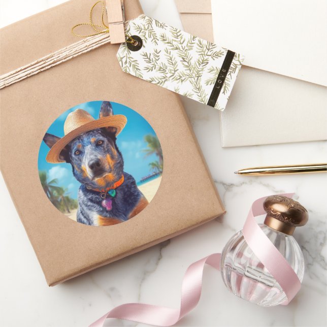 Adesivo Redondo Gado Australiano na Praia, presente de verão para  (Presentear)