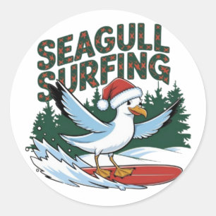 Adesivo Redondo Gaivota Surfista de Inverno, Feliz Natal Gaivota