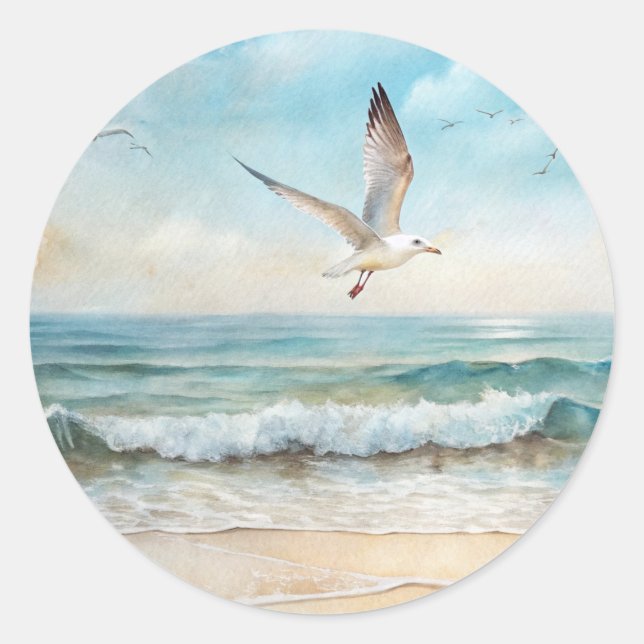 Adesivo Redondo Gaivotas voando em uma praia (Frente)
