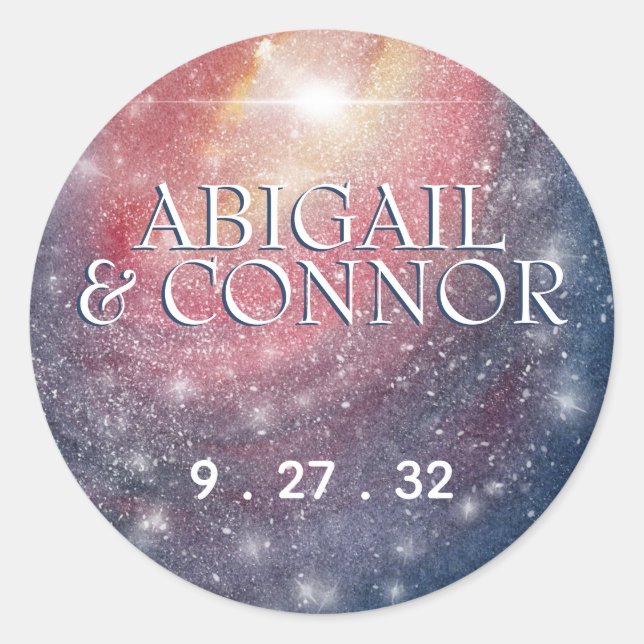 Adesivo Redondo Galáxia Azul Púrpura Nomes Vermelhos do Céu Noturn (Frente)