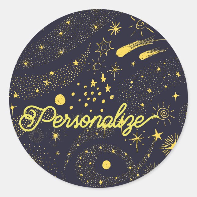 Adesivo Redondo Galáxia espacial de cometas azul celestial amarela (Frente)