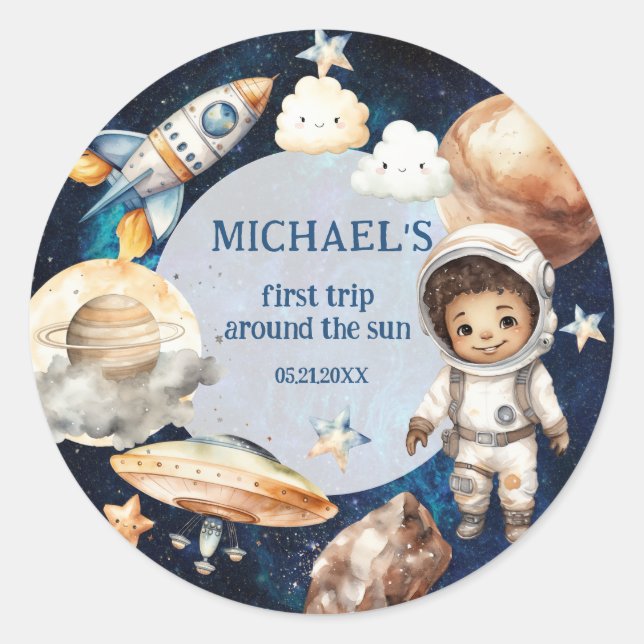 Adesivo Redondo Galáxia Espacial Primeira Viagem em Volta ao Autoc (Frente)