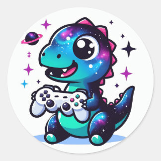 Adesivo Redondo Galaxy Dinossaur com controlador de jogos