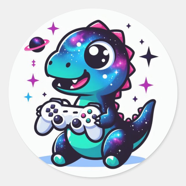 Adesivo Redondo Galaxy Dinossaur com controlador de jogos (Frente)