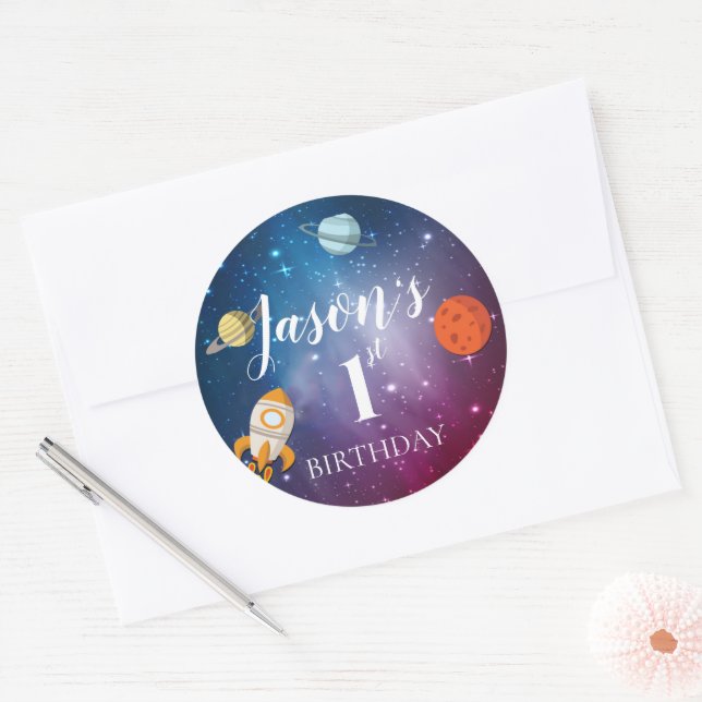 Adesivo Redondo Galaxy Rocket Themed Kids Party Clas (Envelope)