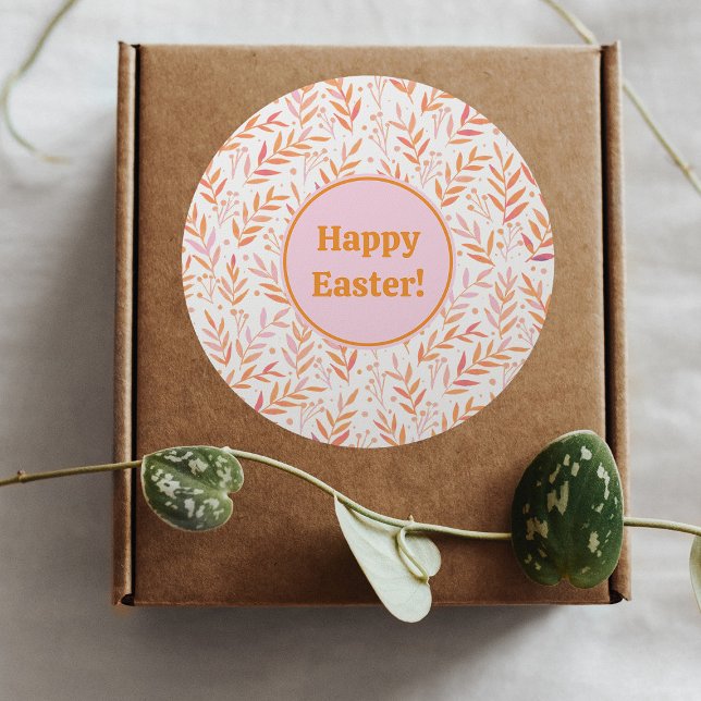 Adesivo Redondo Galhos de aquarelas de pastel laranja e Páscoa ros (Criador carregado)