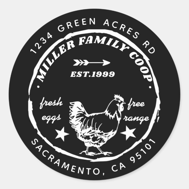 Adesivo Redondo galinha galinha ovos frescos da família endereço d (Frente)