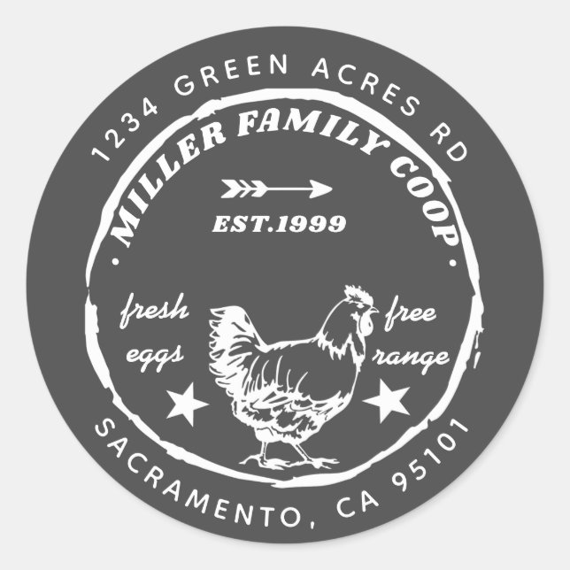 Adesivo Redondo galinha galinha ovos frescos da família endereço d (Frente)