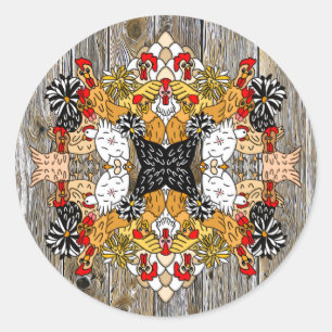 Adesivo Redondo Galinhas de Cartoons Engraçadas desenhadas à mã