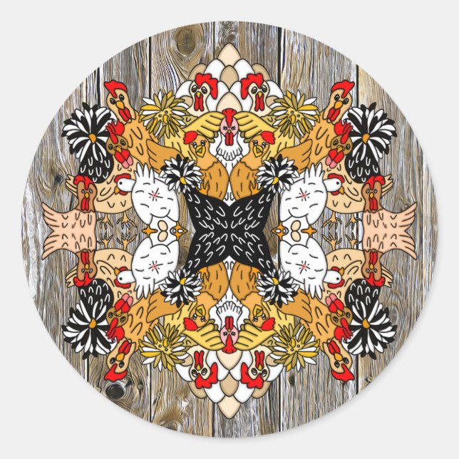 Adesivo Redondo Galinhas de Cartoons Engraçadas desenhadas à mão (Frente)