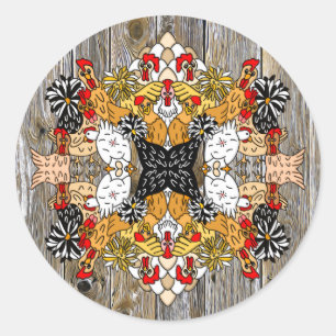 Adesivo Redondo Galinhas de Cartoons Engraçadas desenhadas à mão