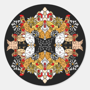 Adesivo Redondo Galinhas de Cartoons Engraçadas desenhadas à mão