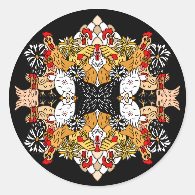 Adesivo Redondo Galinhas de Cartoons Engraçadas desenhadas à mão (Frente)