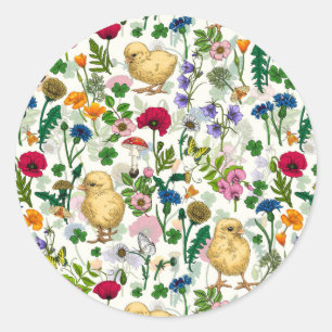 Adesivo Redondo Galinhas e flores silvestres em branco-claro
