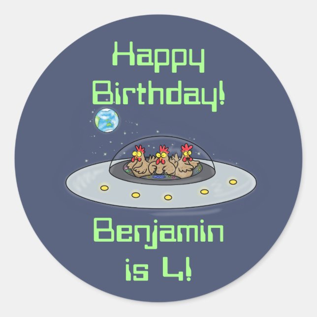 Adesivo Redondo Galinhas engraçadas em cartoon espaçonave (Frente)