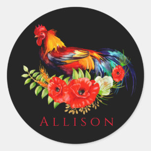 Adesivo Redondo Galo com Poppies Preto Vermelho Personalizado
