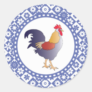 Adesivo Redondo Galo e Flores Franceses Retro Azul e Branco