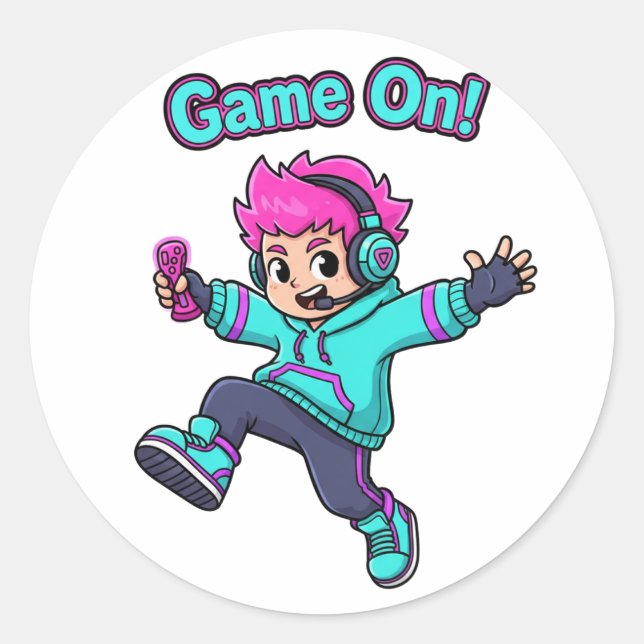 Adesivo Redondo Game On! – Cute Cartoon Gamer Character Sticker (Frente)