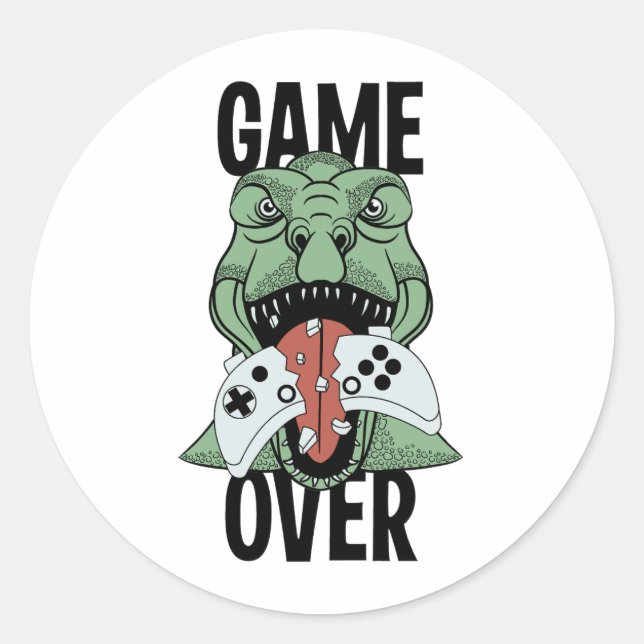 Adesivo Redondo Game Over T-Rex Dinosaur Video Gamers' (Frente)