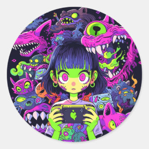 Adesivo Redondo Gamer Animador De Horror Bonito E Cansado