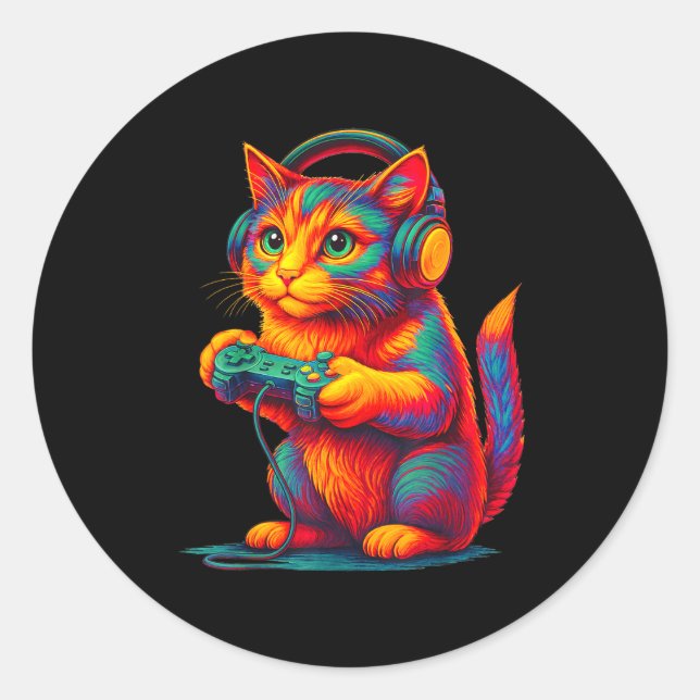 Adesivo Redondo Gamer Cat Video Games Boys Teen Men Girls Funny Gi (Frente)