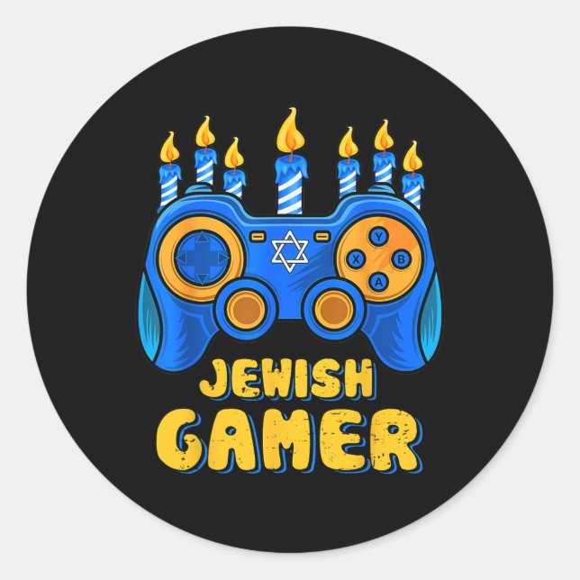 Adesivo Redondo Gamer Chanukah Boy Ki, Controlador de Jogo de Víde (Frente)