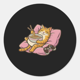 Adesivo Redondo Gamer Gato Ramen Kawaii Jogos Japonês Mulheres Men