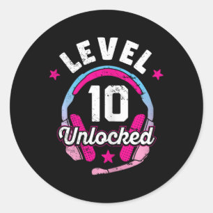 Adesivo Redondo Gamer Girl Level 10 Unlocked Video Game 10th Birth
