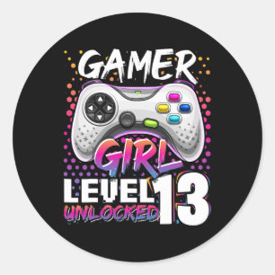 Adesivo Redondo Gamer Girl Level 13 Unlocked Video Game 13 Birth